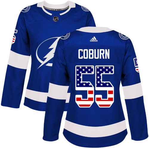 Adidas Tampa Bay Lightning #55 Braydon Coburn Blue Home Authentic USA Flag Women Stitched NHL Jersey->women nhl jersey->Women Jersey